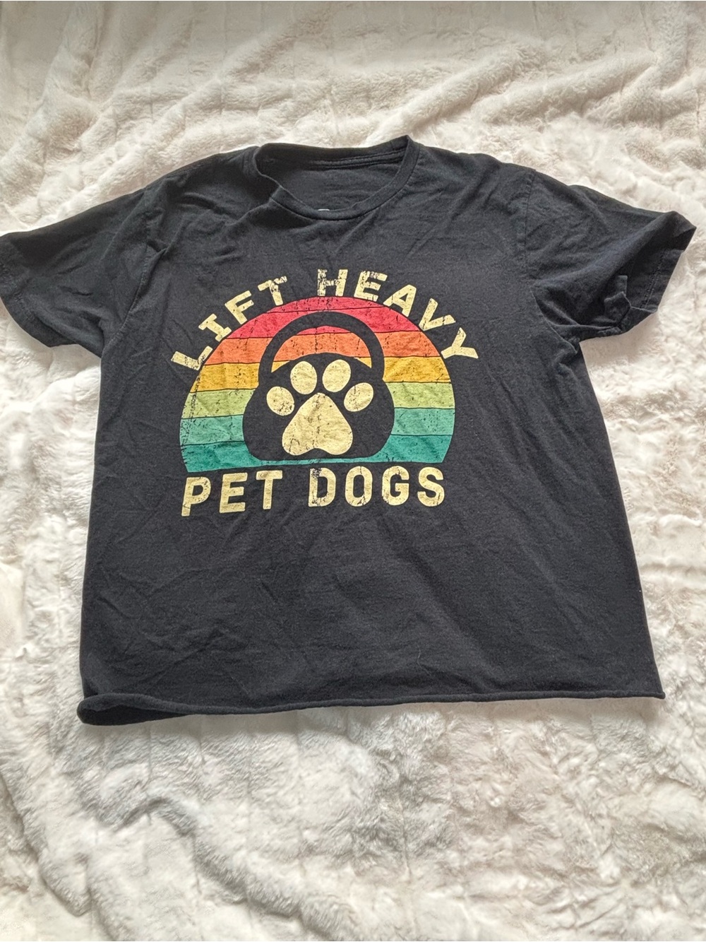 Lift heavy pet dogs Black Tee with Retro Rainbow Paw Kettlebell Graphic cropped